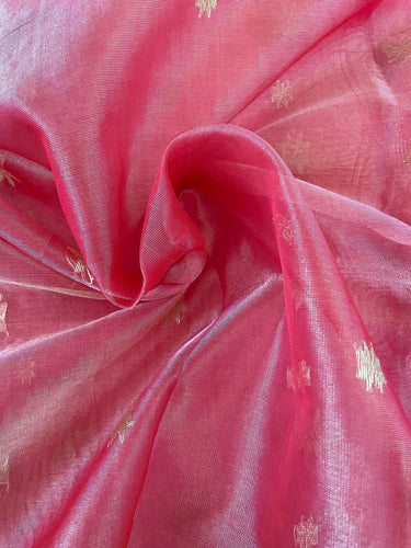 Chanderi Tissue Silk saree | Light Brick Red & Pink (Cross Shade) | Handwoven | Ships from California